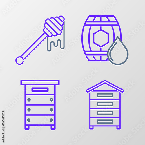 Set line Hive for bees, Wooden barrel with honey and Honey dipper stick dripping icon. Vector
