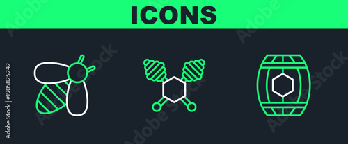 Set line Wooden barrel with honey, Bee and Honey dipper stick icon. Vector