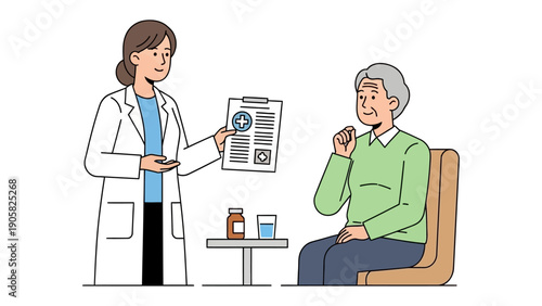 Healthcare Consultation: A medical professional consults with a patient, reviewing documents and administering medication. The scene depicts a healthcare consultation.