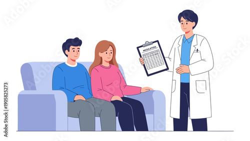 Medical Consultation: A couple engages in a consultation with a healthcare professional, likely discussing health matters or reviewing medical information.