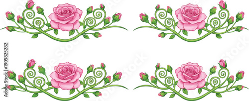 Elegant Pink Rose Floral Dividers with Decorative Green Swirls and Rosebuds for Wedding Stationery, Romantic Page Borders, and Feminine Graphic Design Elements