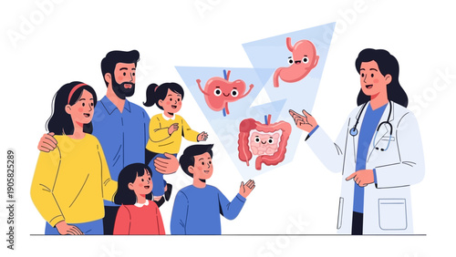 Family Health Consultation: A healthcare professional consults with a family, illustrating internal organ well-being in a nurturing environment, promoting the significance of preventative care.