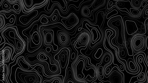 White topographic contour line on black background. Topographic map contour background. 