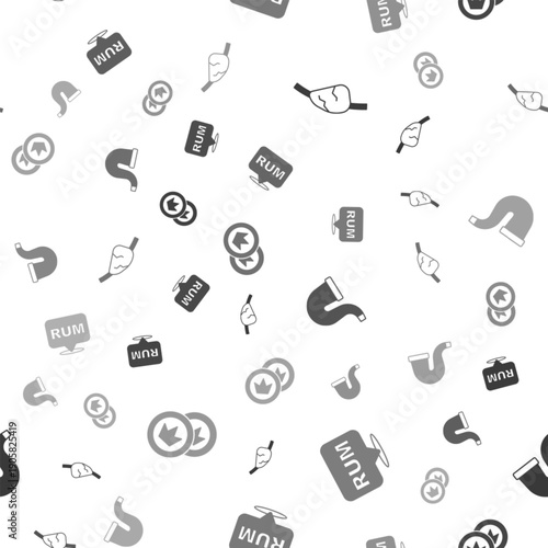 Set Pirate eye patch, Alcohol drink Rum, Smoking pipe and coin on seamless pattern. Vector