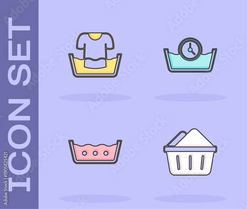 Set Basin with soap suds, shirt, Temperature wash and Time icon. Vector