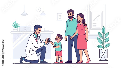 Medical Consultation: The illustration captures a comforting scene as a caring doctor interacts with a child patient, while the parents look on supportively.