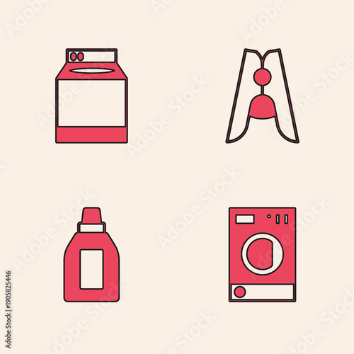 Set Washer, , Clothes pin and Bottle for cleaning agent icon. Vector