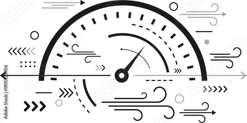 Speedometer with dynamic arrows indicating rapid progress and growth