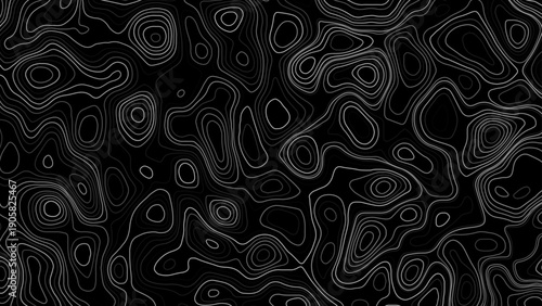 Stylized topographic elevation map illustration. White topographic contour line on black background.