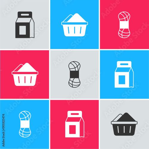 Set Laundry detergent, Basin with soap suds and Yarn icon. Vector
