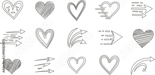 Hand drawn hearts and arrows in various styles and emotions for love and direction concepts