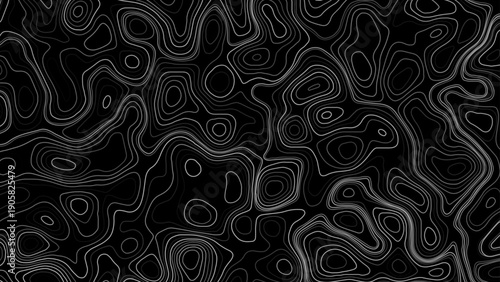 Topographic map contours. White topographic contour line on black background.