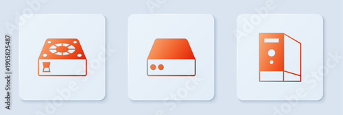 Set Server, Data, Web Hosting, Computer cooler and Case of computer. White square button. Vector