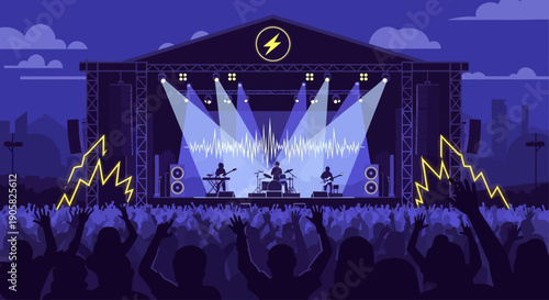 A dynamic flat design illustration capturing the energy of a giant outdoor music festival, featuring a band performing on a brightly lit stage before a massive, cheering crowd.
