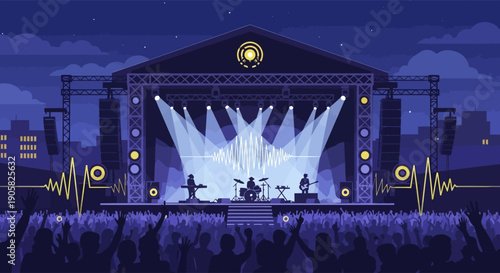A dynamic flat design illustration capturing the energy of a giant outdoor music festival, featuring a band performing on a brightly lit stage before a massive, cheering crowd.