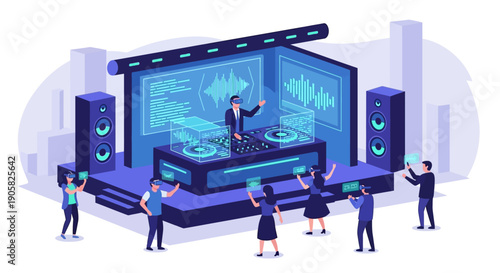 A cutting-edge flat design illustration of a futuristic hybrid event, blending live music performance with interactive technology like holographic displays and VR experiences for attendees.