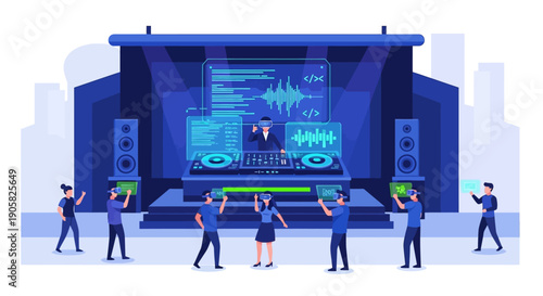 A cutting-edge flat design illustration of a futuristic hybrid event, blending live music performance with interactive technology like holographic displays and VR experiences for attendees.