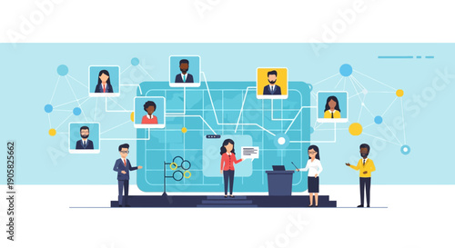An insightful flat design illustration portraying a global virtual startup summit, with diverse participants connecting and presenting on a digital platform