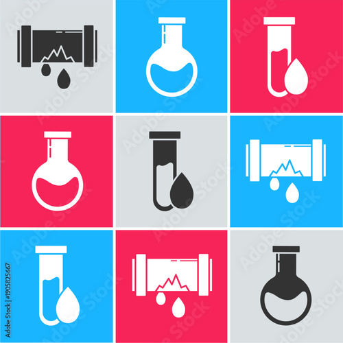 Set Broken metal pipe with leaking water, Test tube and flask and Oil petrol test tube icon. Vector