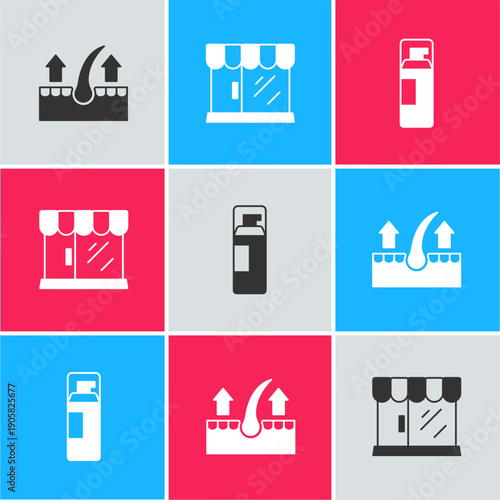 Set Human hair follicle, Barbershop building and Shaving gel foam icon. Vector