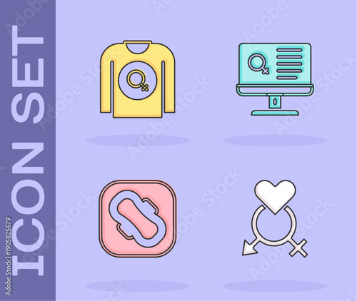 Set Gender, Feminist shirt, Sanitary napkin and Dating app icon. Vector