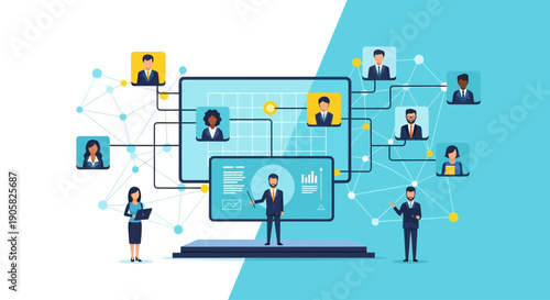 An insightful flat design illustration portraying a global virtual startup summit, with diverse participants connecting and presenting on a digital platform