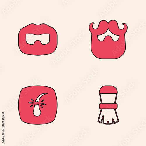Set Shaving brush, Mustache and beard, and Broken hair follicle icon. Vector