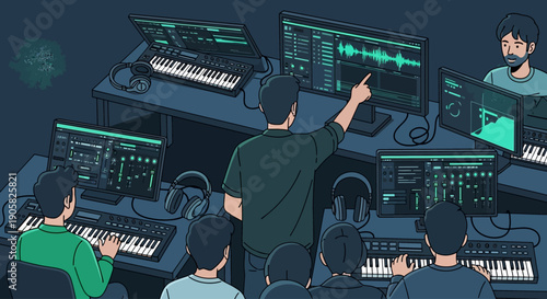 A focused flat design illustration of a digital music production workshop taking place at a major tech and music event, showing attendees learning and creating music with software