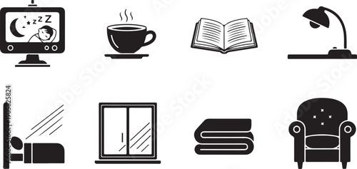 A collection of icons representing a comfortable night in at home