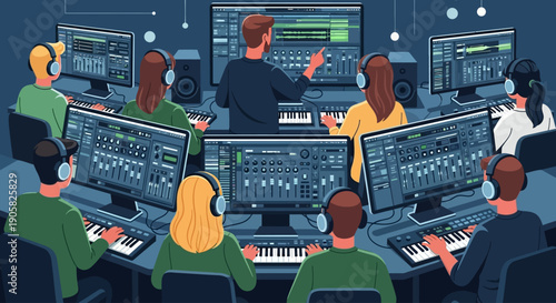 A focused flat design illustration of a digital music production workshop taking place at a major tech and music event, showing attendees learning and creating music with software