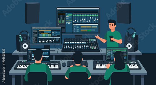 A focused flat design illustration of a digital music production workshop taking place at a major tech and music event, showing attendees learning and creating music with software