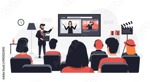 A clear flat design illustration of a film directing masterclass held at a significant film event, with an experienced director guiding aspiring filmmakers