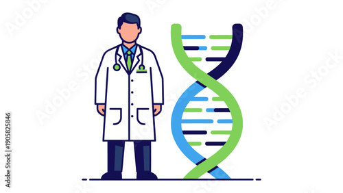 DNA Doctor Illustration: A medical professional stands beside a vibrant representation of the DNA double helix, symbolizing advancements in science and medicine.