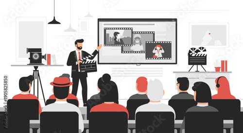 A clear flat design illustration of a film directing masterclass held at a significant film event, with an experienced director guiding aspiring filmmakers