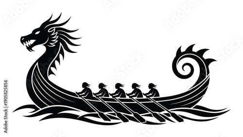A detailed illustration of a dragon-headed ship with rowers in ancient times Vector