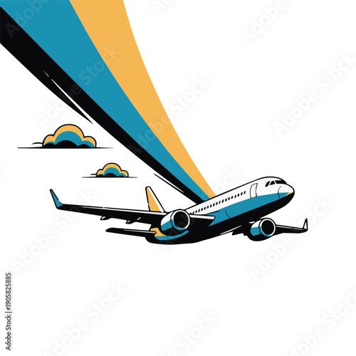Airplane takeoff colorful flat vector illustration for vacation, adventure and travel activities