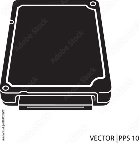 Black solid state drive with white outline and connector hard drive computer component