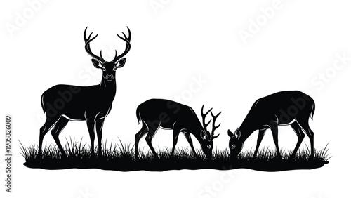 Three majestic deer silhouettes grazing in a serene forest setting Vector