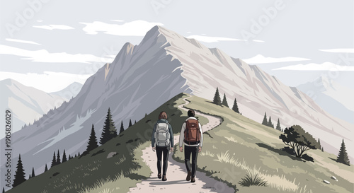 Couple with backpacks walking on a trail toward high mountains