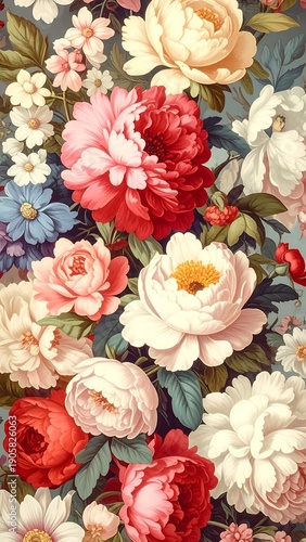 Lush, painterly floral composition with blooming peonies, daisies, & foliage in shades of red, pink, white, & blue