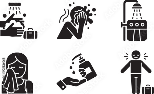 Illustrations of various activities and objects related to personal care and hygiene