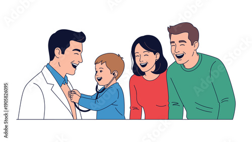 Playful Checkup: A cheerful boy, playfully using a stethoscope on a smiling doctor, while the boy's parents watch and laugh, creating a scene of warmth, joy, and trust.