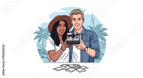 Happy multiracial couple holding retro instant camera and photos