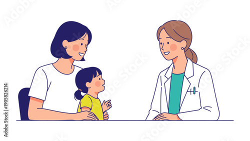 Pediatrician Consultation: A mother and child engage in a warm consultation with a friendly pediatrician, fostering trust and care in a medical setting.