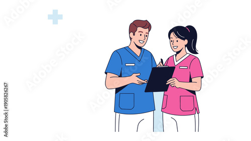 Team of Healthcare Professionals: A male and female healthcare professional in matching uniform, collaborating as they check details with the notepad. The illustration conveys teamwork and expertise.