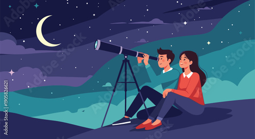 Young couple stargazing with telescope on a hill at night
