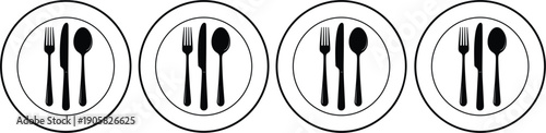 Minimalist Black and White Dinner Plate Icon Set with Fork Knife and Spoon Silhouettes for Restaurant Menus, Catering Services, and Dining Etiquette Graphic Designs