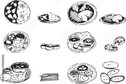 Indian cuisine hand drawn sketches set, featuring Curry, Rice, Naan bread, Tandoori chicken, and Thali set, Overhead and Side perspective.