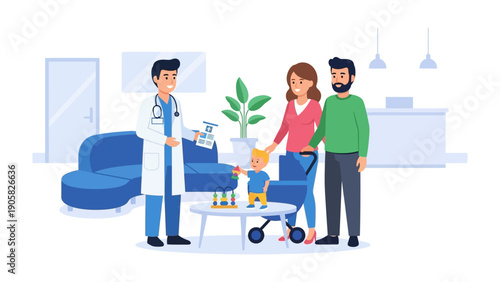 Medical Consultation: A comforting illustration of a family engaged in a medical consultation with a friendly healthcare professional, fostering trust and care in a welcoming environment.