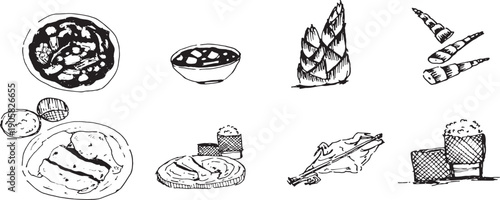 aotian cuisine sketches collection, including Sticky rice in bamboo basket (Kratip Khao), Grilled chicken (Ping Gai), Bamboo shoots, and local curry, hand drawn icons.